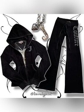 VTG Y2K Juicy Couture Black/Silver Velour Hoodie & Pants Tracksuit Set